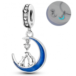 Charm phosphorescent lune bleue chat argent pour bracelet