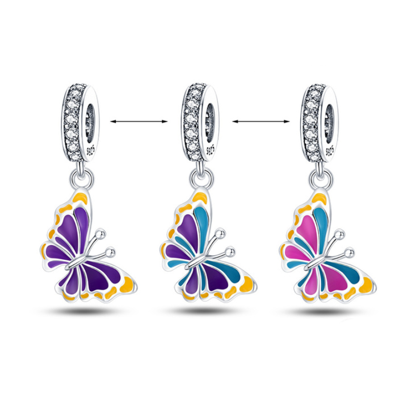Charm papillon rose bleu dynamique argent pour bracelet