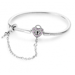 Bracelet pour charm argent coeur cadenas strass rose chaine clés