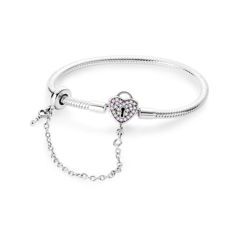 Bracelet pour charm argent coeur cadenas strass rose chaine clés
