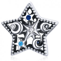 Charm étoile lune strass bleu argent pour bracelet