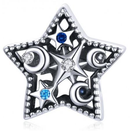 Charm étoile lune strass bleu argent pour bracelet