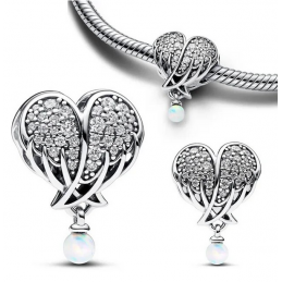 Charm coeur aile strass perle blanche argent pour bracelet