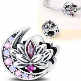 Charm lune fleur lotus strass rose violet argent pour bracelet