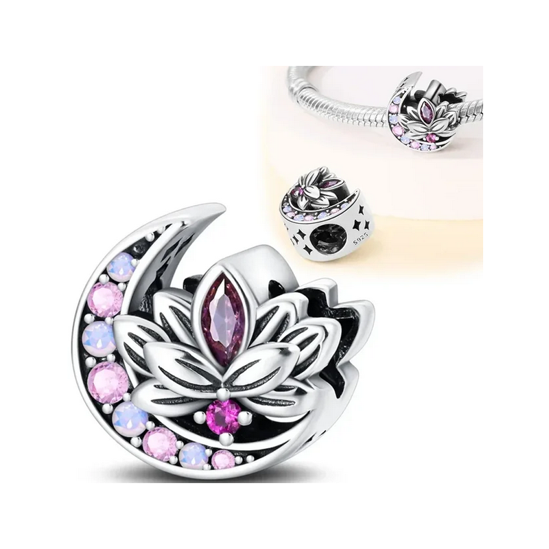 Charm lune fleur lotus strass rose violet argent pour bracelet