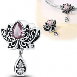 Charm fleur lotus pierre rose goutte argent pour bracelet