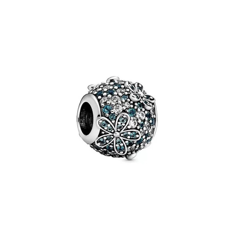Charm sphère fleur strass bleu blanc argent pour bracelet
