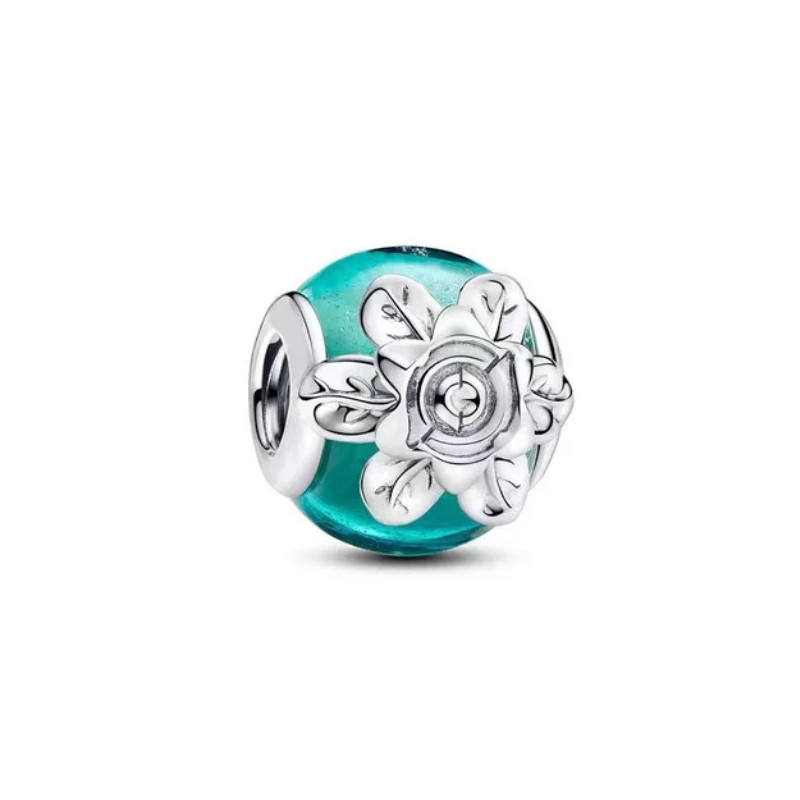 Charm boule bleue turquoise fleur argent pour bracelet