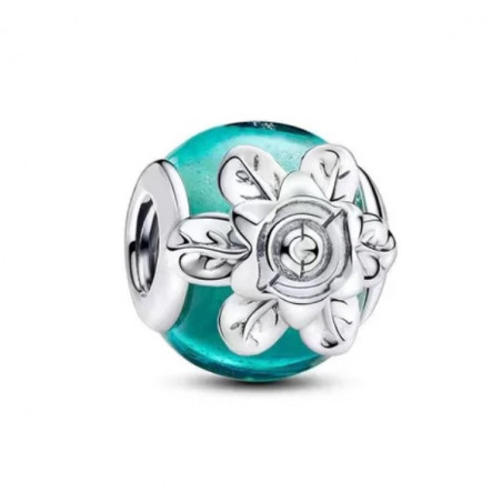Charm boule bleue turquoise fleur argent pour bracelet