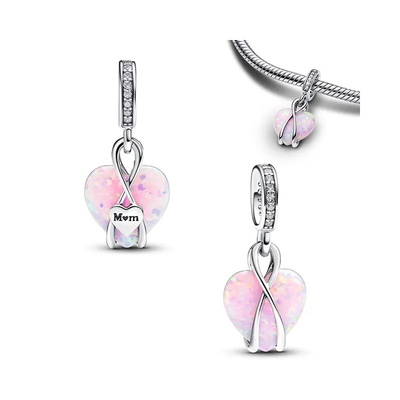 Charm coeur perle rose gravé maman argent pour bracelet