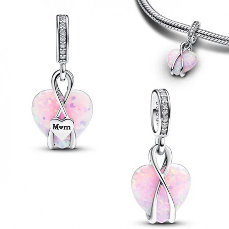 Charm coeur perle rose gravé maman argent pour bracelet