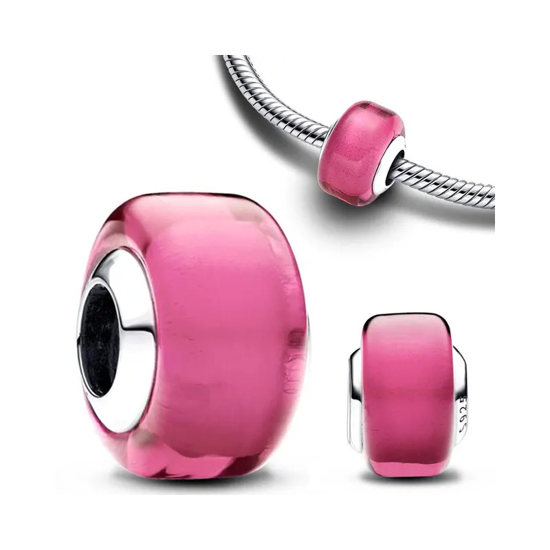 Charm séparateur murano rose lisse argent pour bracelet