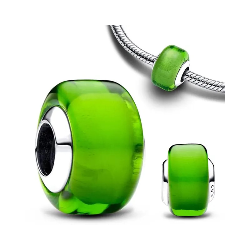 Charm séparateur murano vert pomme lisse argent pour bracelet