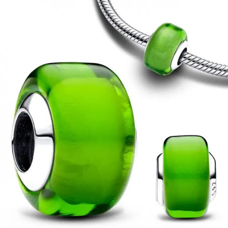 Charm séparateur murano vert pomme lisse argent pour bracelet