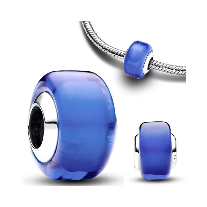 Charm séparateur murano bleu lisse argent pour bracelet Charm séparateur murano bleu lisse argent pour bracelet