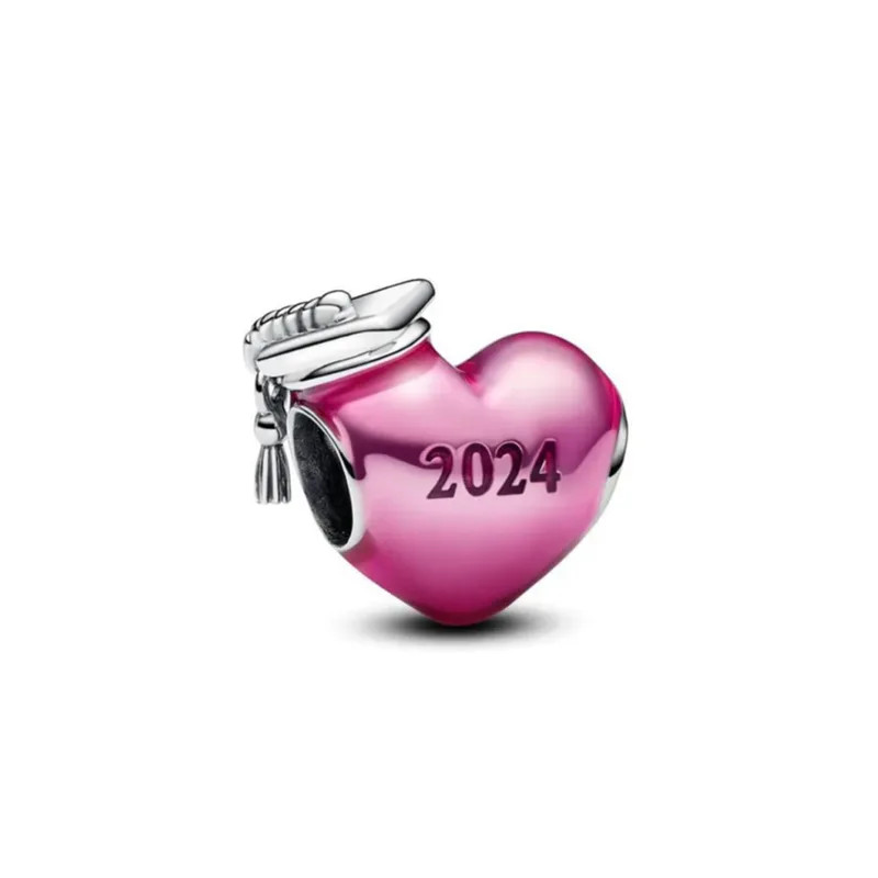 Charm coeur rose chapeau diplome 2024 argent pour bracelet