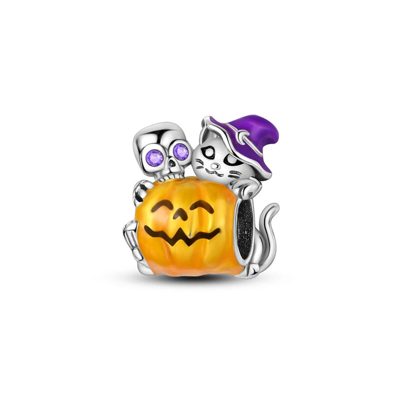 Charm phosphorescent halloween citrouille squelette chat argent pour bracelet