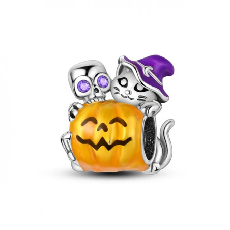 Charm phosphorescent halloween citrouille squelette chat argent pour bracelet