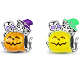 Charm phosphorescent halloween citrouille squelette chat argent pour bracelet
