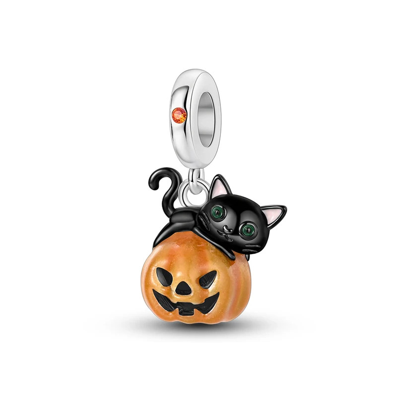 Charm phosphorescent halloween citrouille chat noir argent pour bracelet