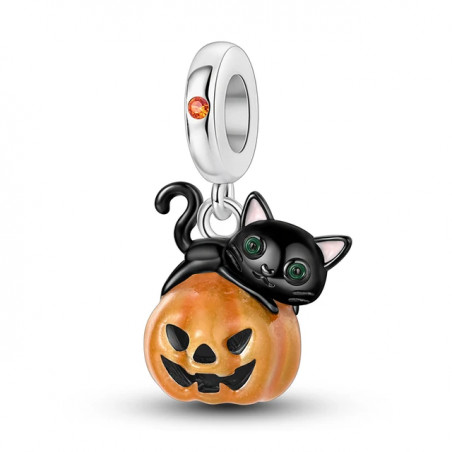 Charm phosphorescent halloween citrouille chat noir argent pour bracelet