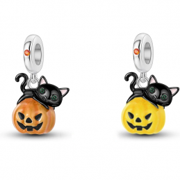 Charm phosphorescent halloween citrouille chat noir argent pour bracelet