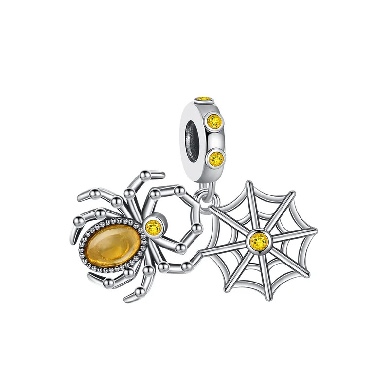 Charm halloween toile araignée pierre jaune argent pour bracelet