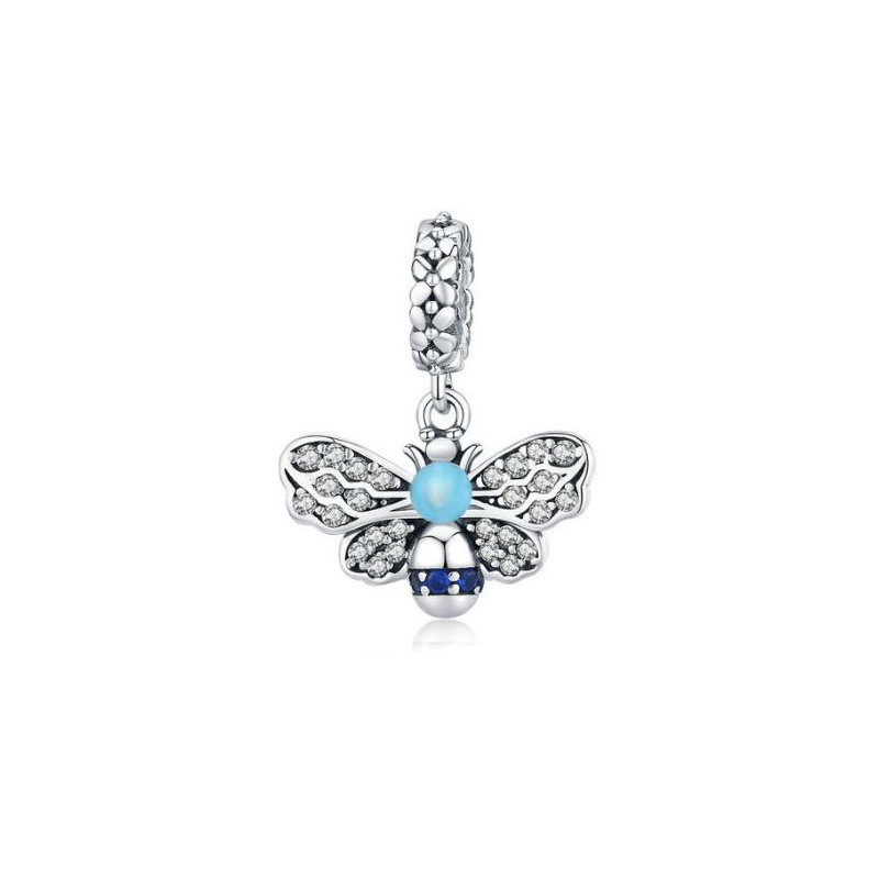 Charm abeille fleur pierre bleu argent pour bracelet