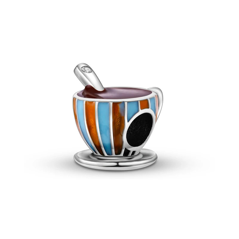 Charm tasse de chocolat bleu marron argent pour bracelet