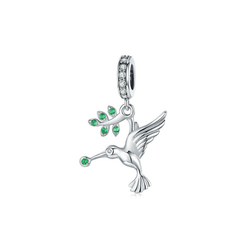 Charm feuille oiseau pierre verte argent pour bracelet
