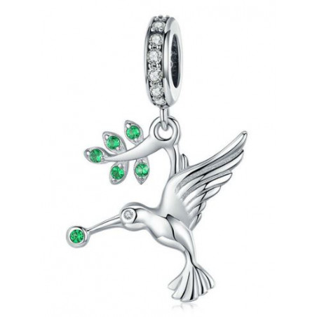 Charm feuille oiseau pierre verte argent pour bracelet