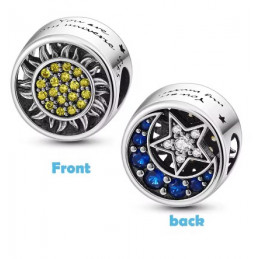 Charm rond étoile lune bleu strass argent pour bracelet