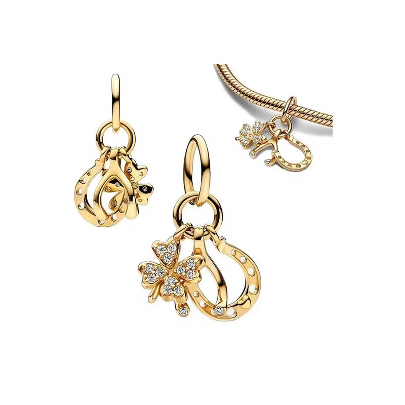 Charm fer a cheval trefle strass blanc or pour bracelet
