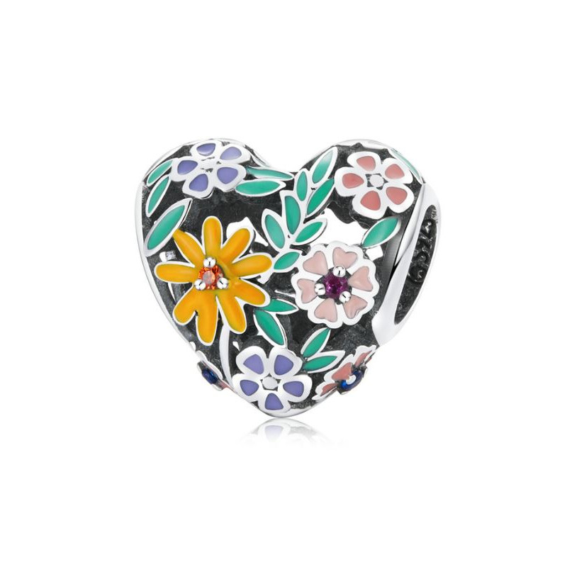 Charm coeur fleur feuille multicolore argent pour bracelet