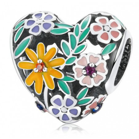 Charm coeur fleur feuille multicolore argent pour bracelet