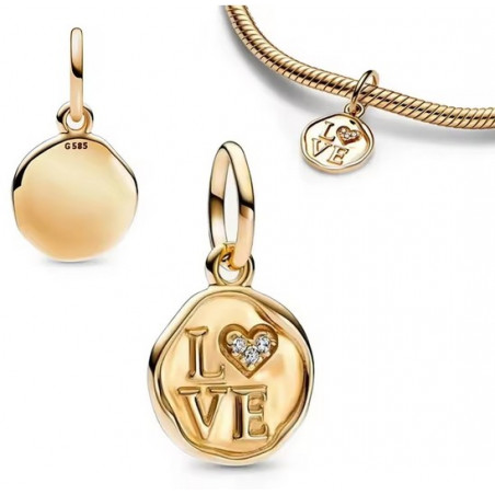 Charm rond love coeur strass blanc or pour bracelet