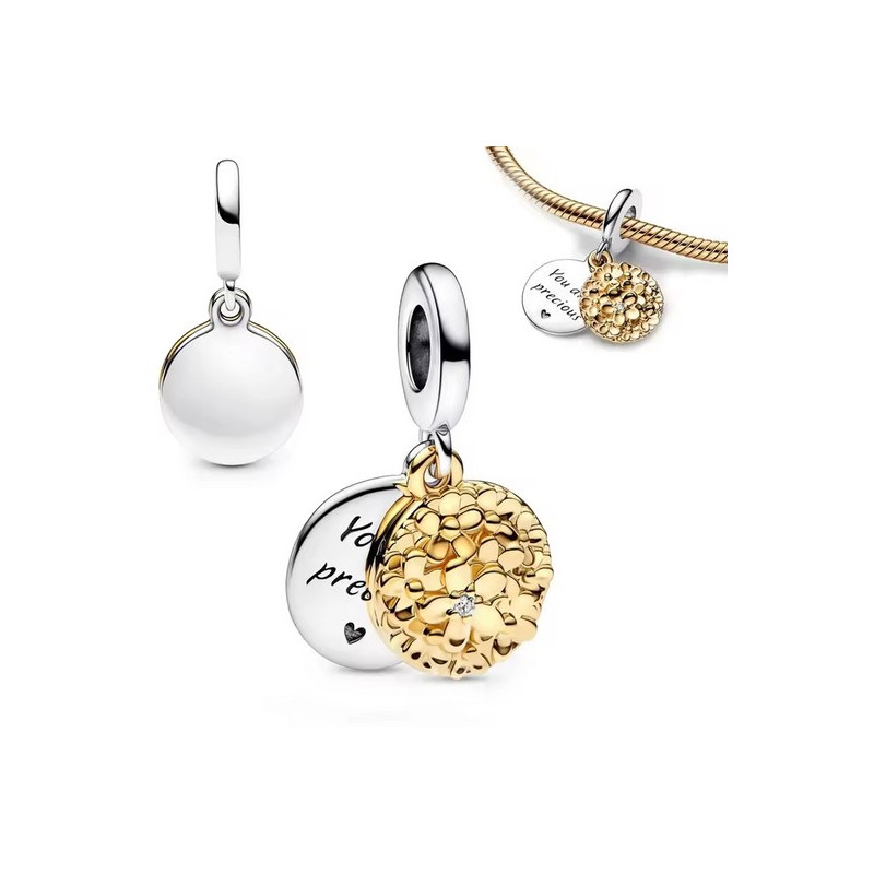 Charm rond fleur précieuse strass blanc or argent pour bracelet