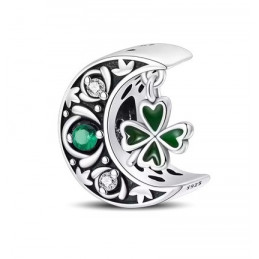 Charm lune trefle vert strass argent pour bracelet