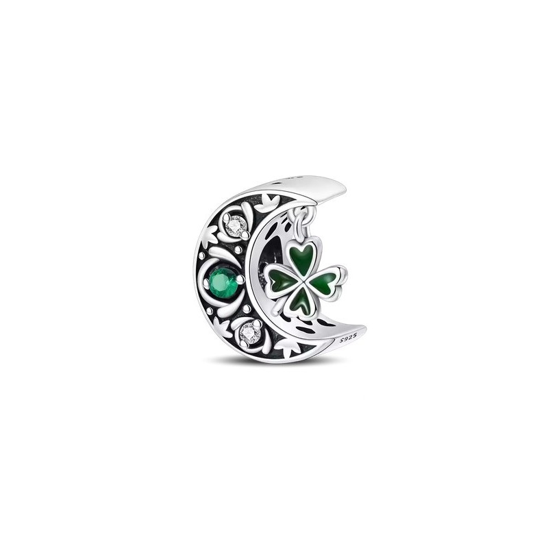 Charm lune trefle vert strass argent pour bracelet