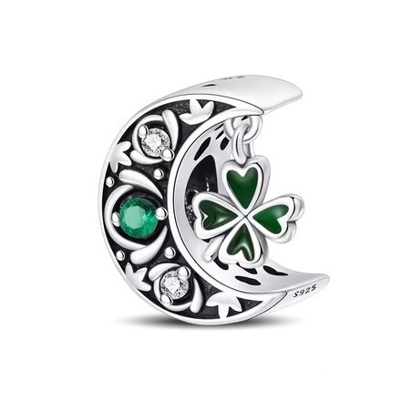 Charm lune trefle vert strass argent pour bracelet