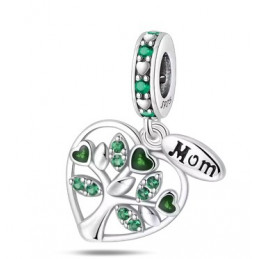 Charm coeur maman arbre de vie strass vert argent pour bracelet