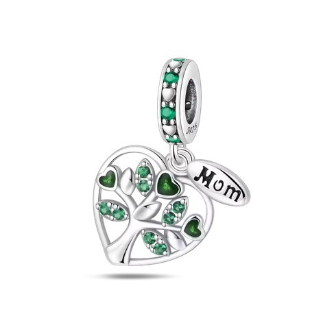 Charm coeur maman arbre de vie strass vert argent pour bracelet