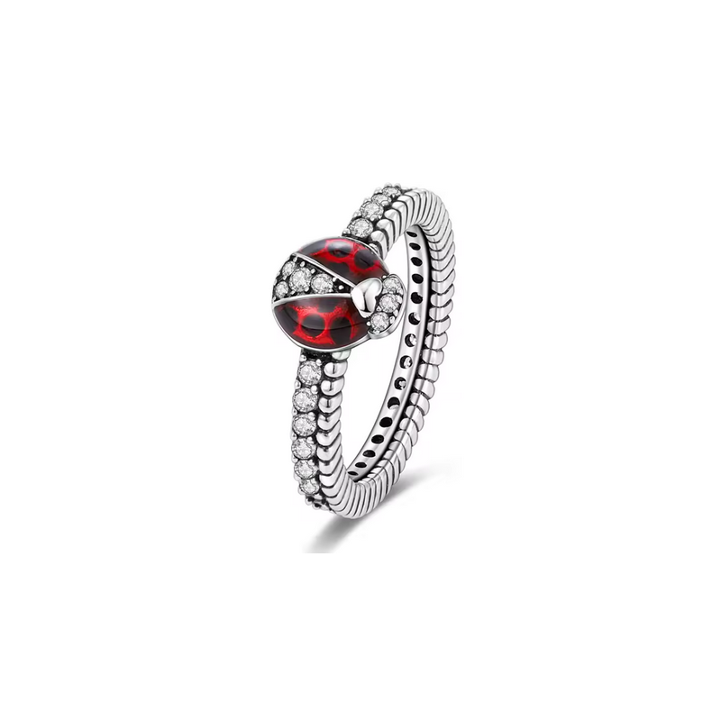 Bague coccinelle rouge pois noir strass blanc argent