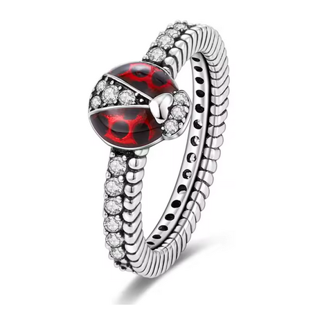 Bague coccinelle rouge pois noir strass blanc argent