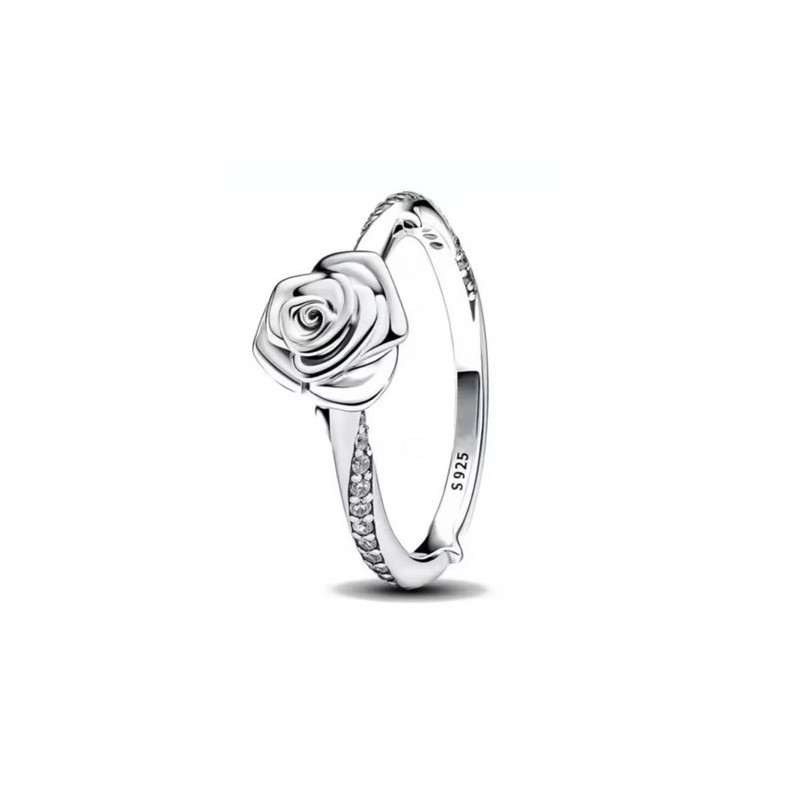 Bague fleur rose strass blanc argent