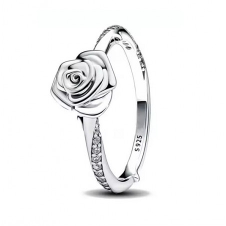 Bague fleur rose strass blanc argent