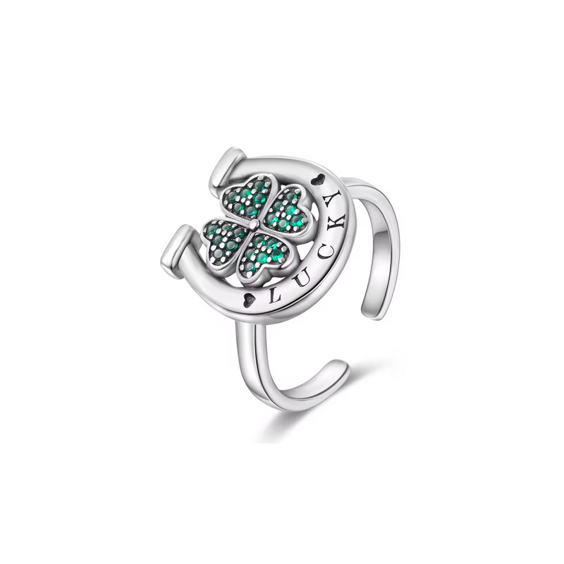 Bague trèfle strass vert fer à cheval strass blanc argent