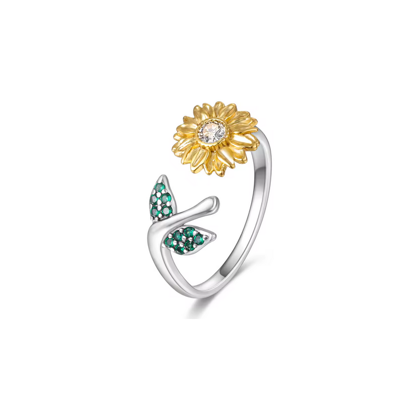 Bague fleur tournesol strass vert blanc or argent