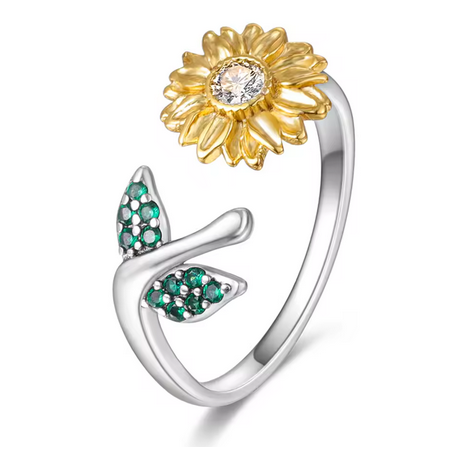 Bague fleur tournesol strass vert blanc or argent