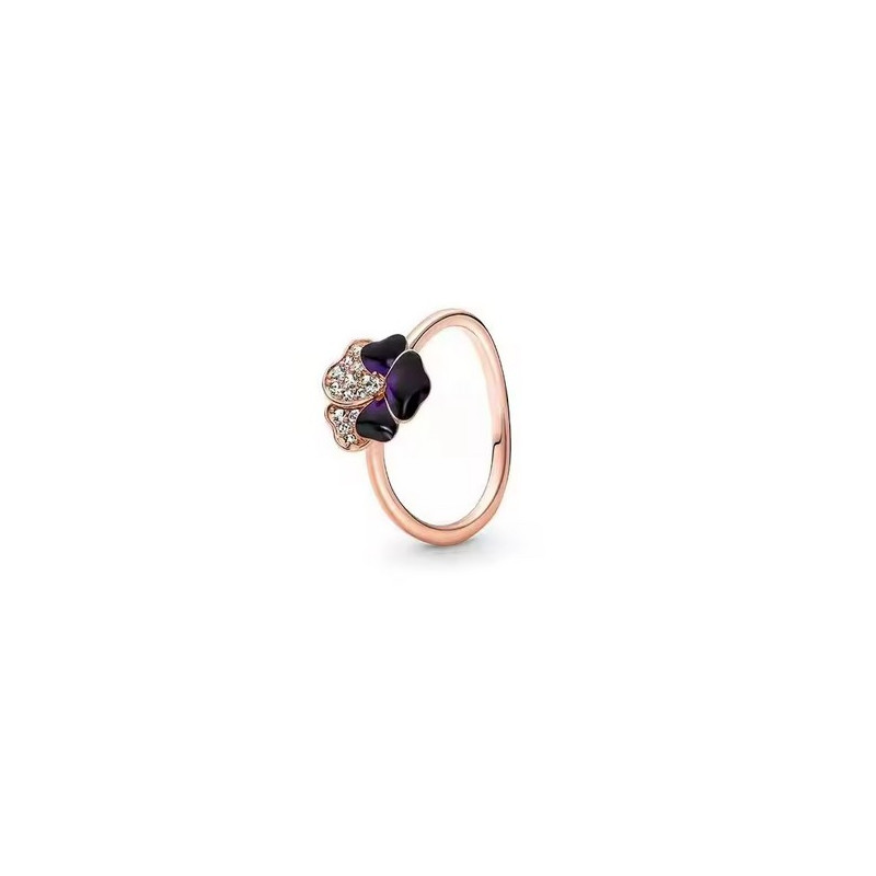 Bague fleur noire violette strass blanc or rose